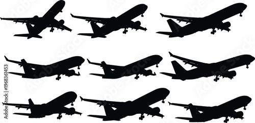 Collection of airplane silhouettes showing various angles of passenger jets in flight and landing positions isolated on light background, aviation transport concept illustration set