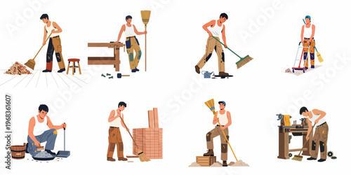 Set of illustrations featuring a carpenter cleaning a workshop, sweeping sawdust, and working with wood in various poses and industrial situations.