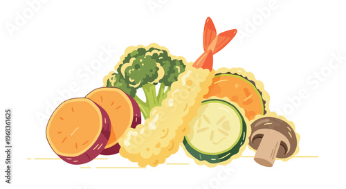A Vibrant Assortment of Delicious Tempura Vegetables and Shrimp Presented on a Clean White Background