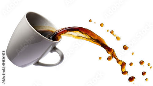Cuadro en lienzo Ceramic white mug pouring hot brown coffee liquid splashing and dripping, isolat