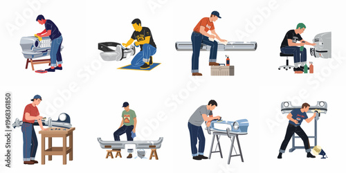 Set of flat vector illustrations featuring men engaged in cleaning, polishing, and restoring vintage car bumpers and grills in a professional workshop environment.