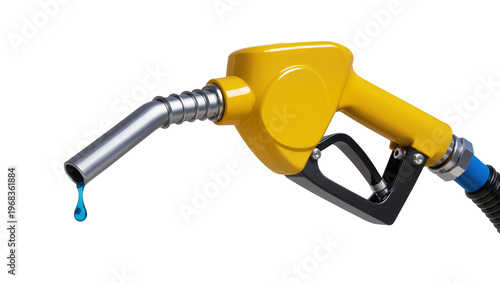 Cuadro en lienzo Metallic silver gas pump nozzle with bright yellow handle dispensing blue liquid
