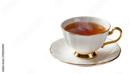 Foto Elegant porcelain teacup with golden rim filled with steaming hot tea, isolated