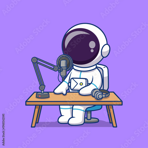 A playful vector illustration of an astronaut mascot sitting in a podcast setup, speaking into a microphone with headphones on the table.