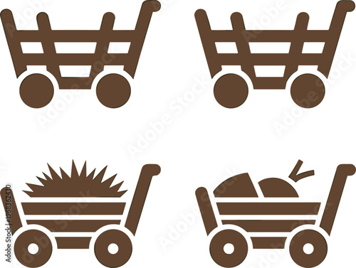 Shopping cart icons set, retail trolley symbols with groceries produce items, ecommerce market basket collection, store vector illustration design pack