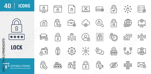 Lock icon set. Includes Security, safe, document, unlock, protection, issue and more. Outline icon set. Vector illustration with editable stroke