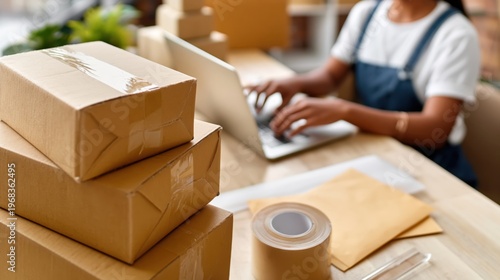 Small business owner packing parcels and managing online orders on laptop at home workspace