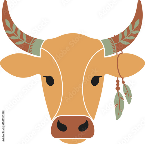Brown Cow Head with Horns and Earrings.
