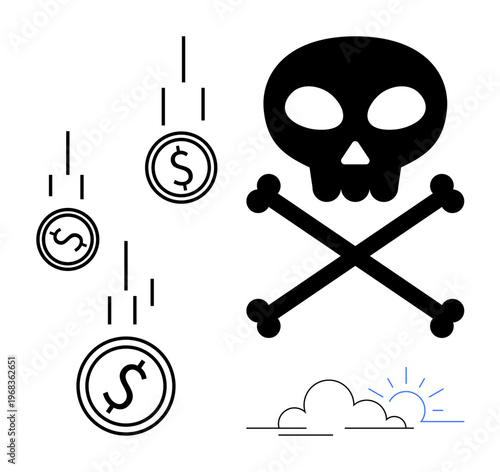 Financial risk, economic instability, devaluation, crisis, danger, and uncertainty. Skull and crossbones with falling dollar coins. Financial risk and economic instability concept