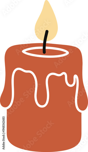 Burning orange candle with wick flame.