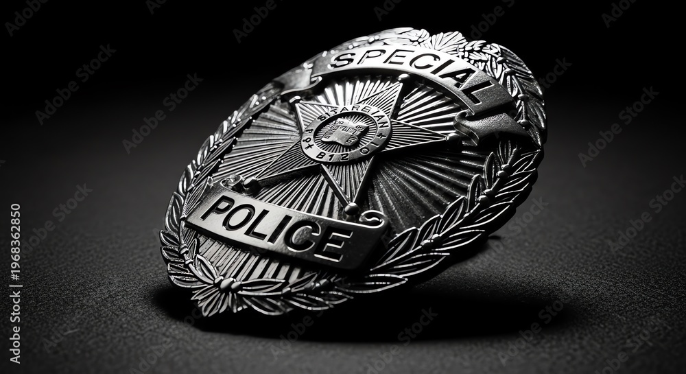 Fototapeta premium A gleaming silver police badge rests on a dark, textured surface, symbolizing law enforcement and justice