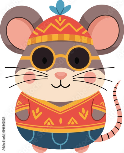 Cartoon mouse in colorful outfit.