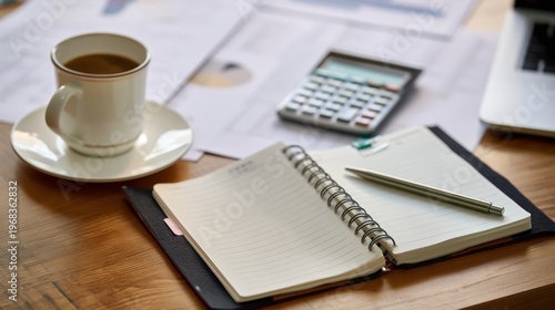 Open notebook with pen, coffee, calculator, and laptop on wooden desk for business planning.