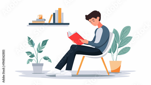 Young Man Reading a Book Sitting in a Chair Illustration