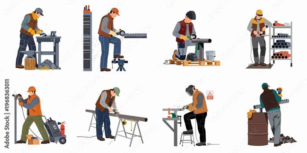 Fototapeta premium Collection of vector illustrations showing industrial workers using angle grinders for metal cutting and grinding in various workshop and construction settings.
