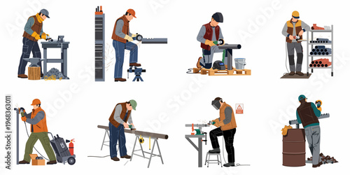 Collection of vector illustrations showing industrial workers using angle grinders for metal cutting and grinding in various workshop and construction settings.