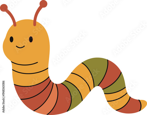 Colorful cartoon caterpillar with antennae smiling.