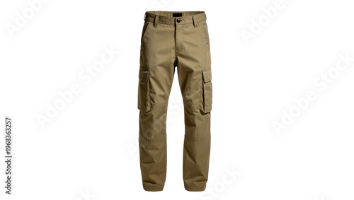 Khaki cargo pants with multiple utility pockets and a button fly, isolated on transparent background for apparel mockups and fashion design