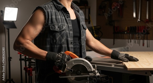 Craftsman using circular saw in well-lit woodworking workshop with safety gloves and focused expression