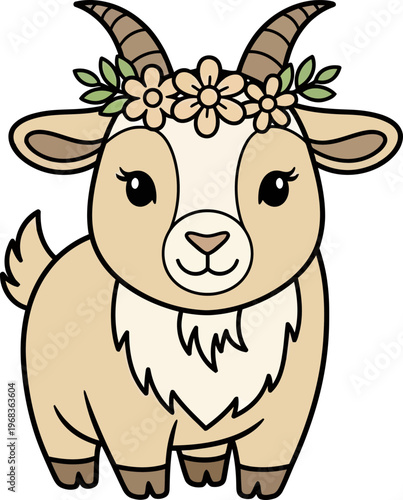 Cute Goat Wearing Flower Crown Head.