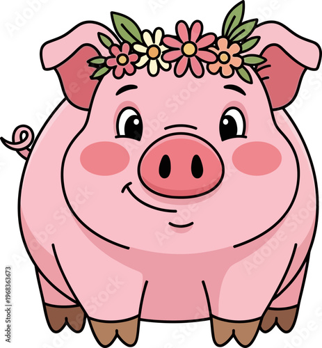 Cute Pink Pig with Flower Crown.