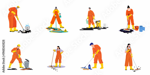 Professional cleaning service characters set in orange jumpsuits using mops, buckets, and equipment to clean spills and floors.