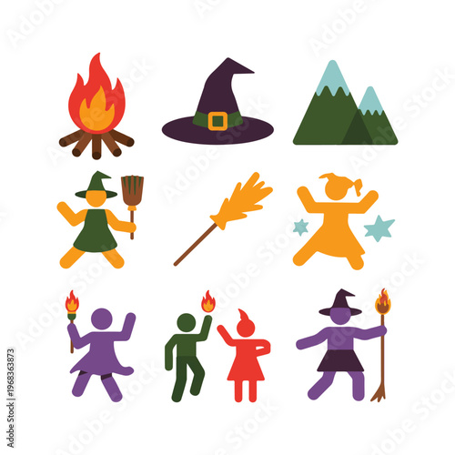 Flat Icon Set – Bonfire, Witch Hat, Dancing Figures, Folklore Symbols
