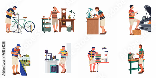 Flat illustration set of a man engaged in various hobbies and DIY activities like bicycle repair, clockmaking, photography, 3D printing, and sewing.