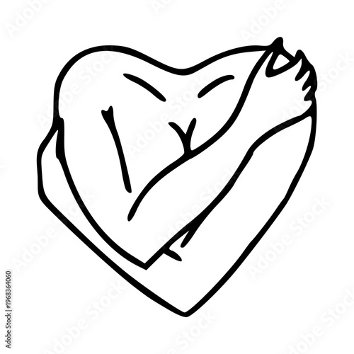 self-care illustration: woman embracing herself in a heart shape