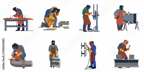 Collection of flat illustrations showing professional welders in protective gear performing various industrial welding and metalwork tasks on a white background.