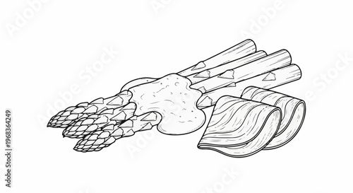 Line art illustration of asparagus with a creamy sauce and prosciutto