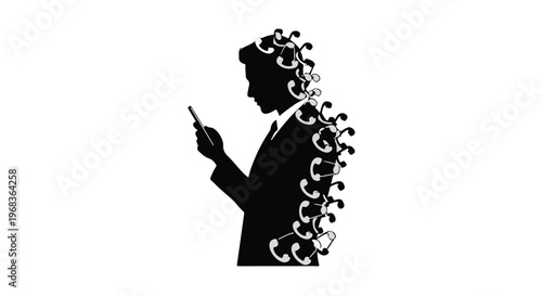 Creative musician person silhouette with musical notes using smartphone technology in modern abstract concept