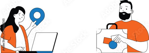 Two people engaged in online shopping and delivery process with modern technology and convenience in mind