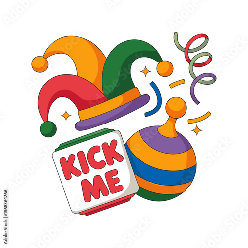 Playful Prank Party Vector Illustration – Jester Hat, “Kick Me” Sign, Whoopee Cushion, and Streamers in Pastel 2D Art
