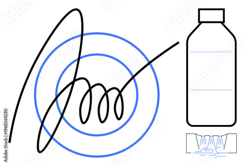 Sustainability, water recycling, environmental protection, eco-friendly packaging, circular economy, renewable resources. Abstract circular lines, bottle water drops. Sustainability and water