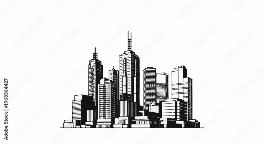 Obraz premium Monochrome sketch of a dense, modern city skyline with diverse skyscrapers