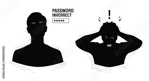 Frustrated man experiencing password error with incorrect login attempt on computer screen in dark silhouette style