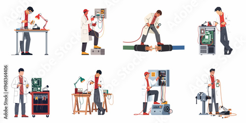 Set of flat vector illustrations featuring electrical engineers and technicians repairing circuit boards, wiring panels, and performing electronic hardware maintenance.
