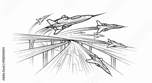 Multiple aircraft speed through elevated highway system with motion lines