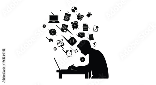 Silhouette of stressed businessman sitting at desk with laptop surrounded by chaotic floating work icons and symbols in modern office setting