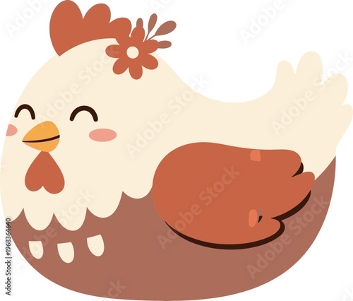 Smiling cartoon chicken in eggshell.