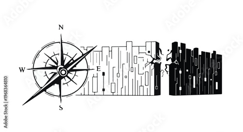 Black and white cityscape with compass navigation urban landscape illustration with modern buildings and directional symbol