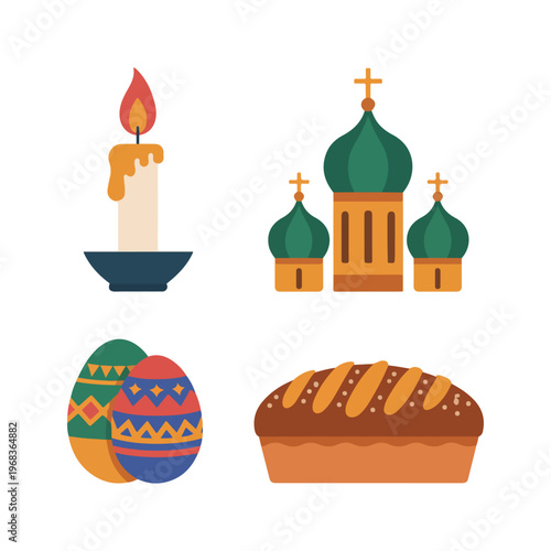 Geometric Flat Icon Set – Painted Eggs, Candle, Church Dome, Kulich Bread, Easter Festival
