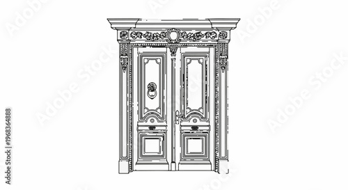 Ornate, classic double doors with decorative carvings and a circular knocker
