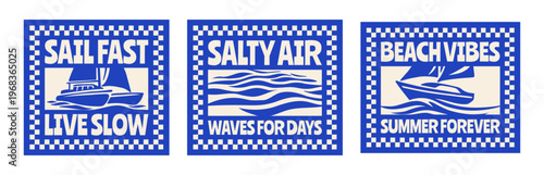 Set of Retro Summer Beach Vibes Flat Illustration for T-Shirt Print with Slogans, Vintage Tropical Apparel Sticker Design with Catamaran, Yacht, Coastal Travel Poster Badge Collection for Posters