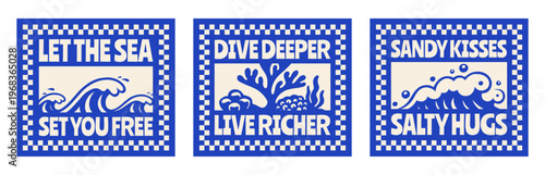 Set of Retro Summer Beach Vibes Flat Illustration for T-Shirt Print with Slogans, Vintage Tropical Apparel Sticker Design with Waves, Coral, Coastal Travel Poster Badge Collection for Posters