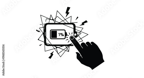 Hand clicking battery charge icon with explosive energy lines, symbolizing power surge and innovation in modern technology