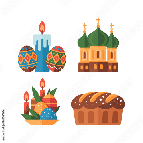 Flat Vector Icon Collection – Easter Eggs, Candle, Church Dome, Kulich, Calm Festive Symbols
