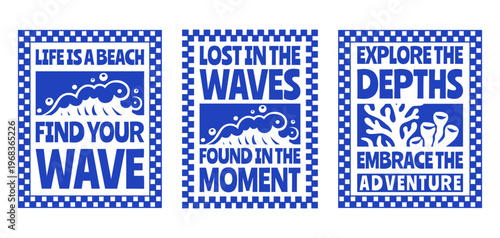 Set of Retro Summer Beach Vibes Flat Illustration for T-Shirt Print with Slogans, Vintage Tropical Apparel Sticker Design with Waves, Coral, Coastal Travel Poster Badge Collection for Posters