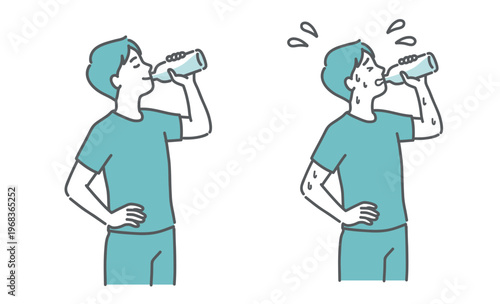 笑顔で水分補給をする男性と汗だくの男性の比較セットイラスト